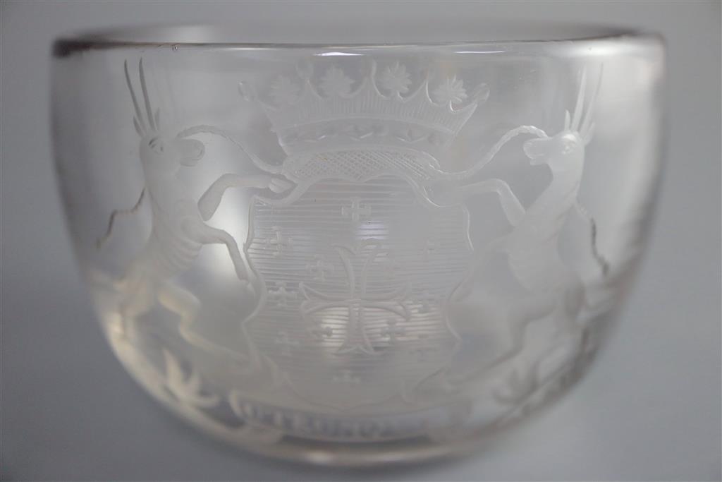 An armorial glass sugar bowl, mid 18th century, 10.2cm diameter